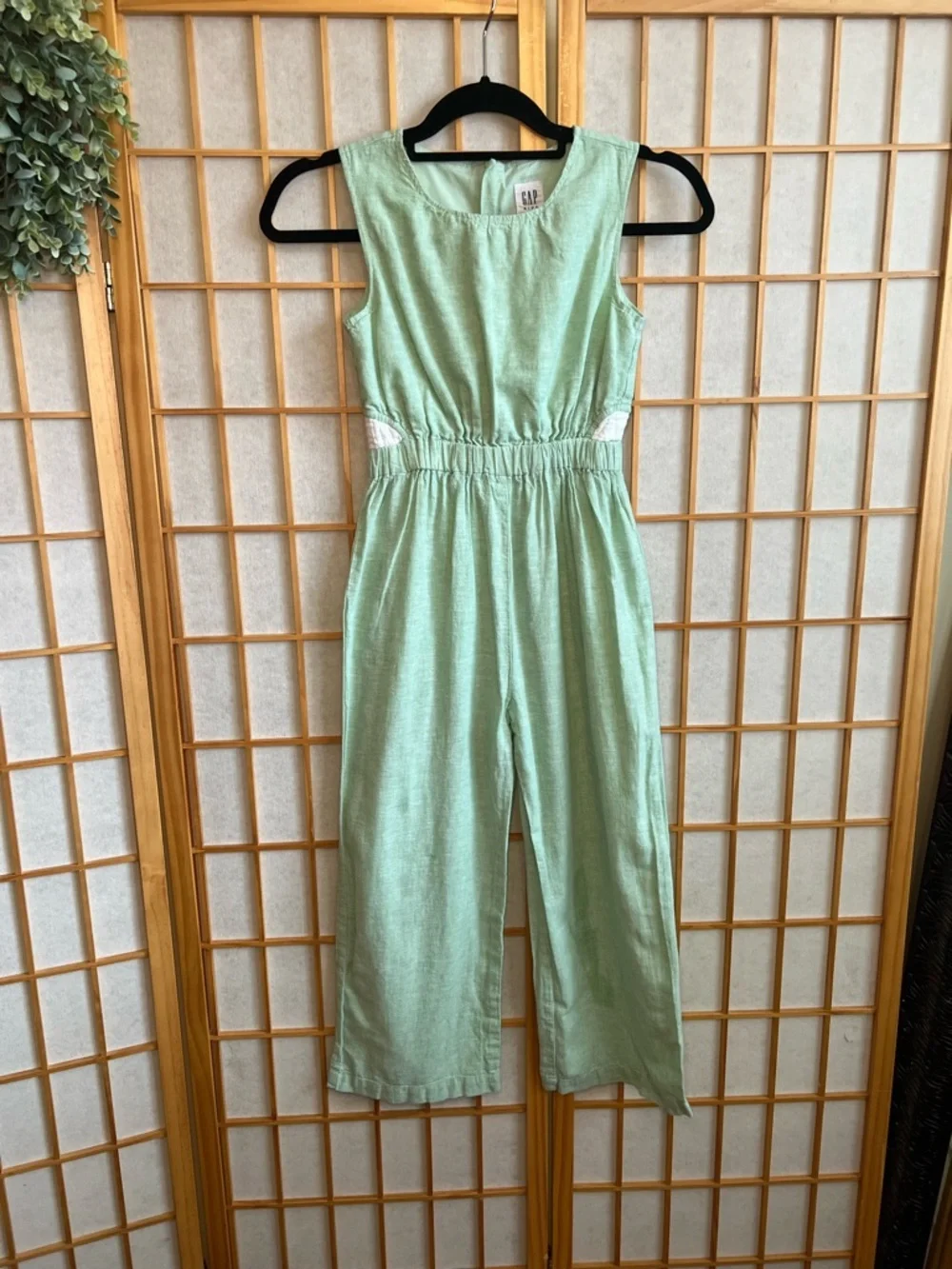 GAP Kids Linen Blend Jumpsuit Girls M 8-9 Mint Green Wide Leg summer Romper